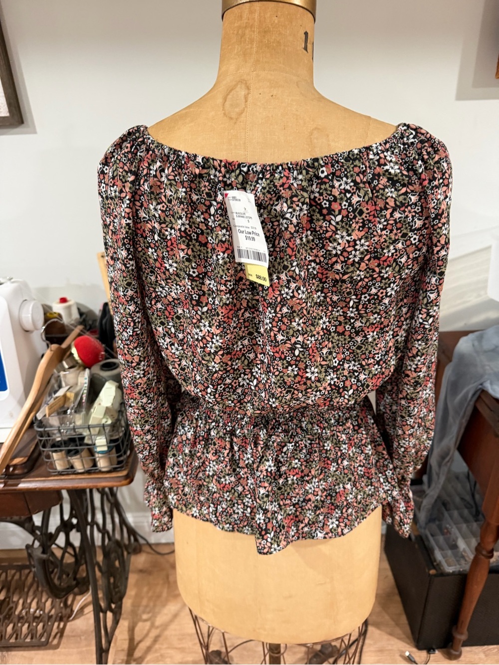 Max Edition Pink and Black Floral Smocked Waist Blouse - Picture 2 of 4